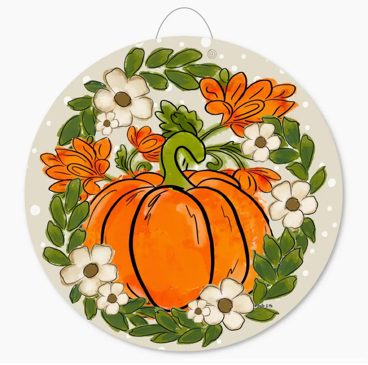 Cream Polka Dot Pumpkin with White Flowers Door Hanger