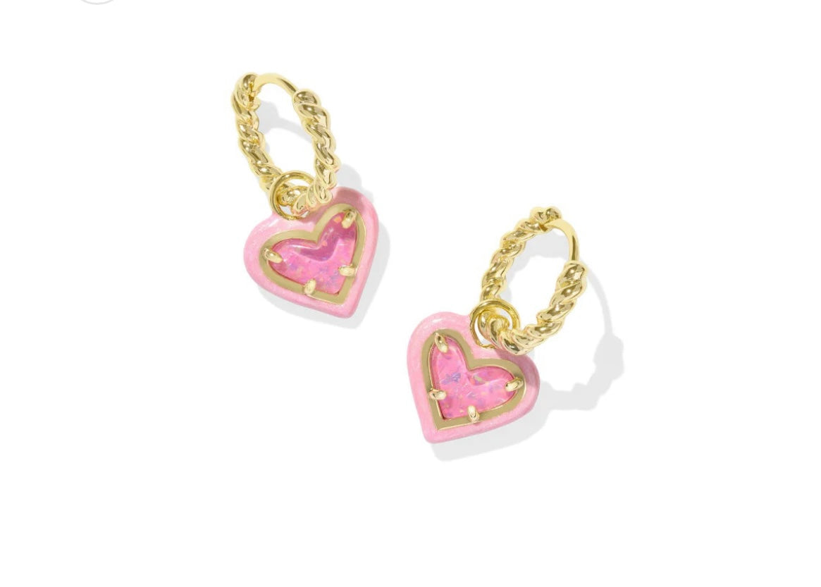 Kendra Scott Ari Heart Enamel Frame Huggie Earrings Gold Pink Iridescent Glitter Glass