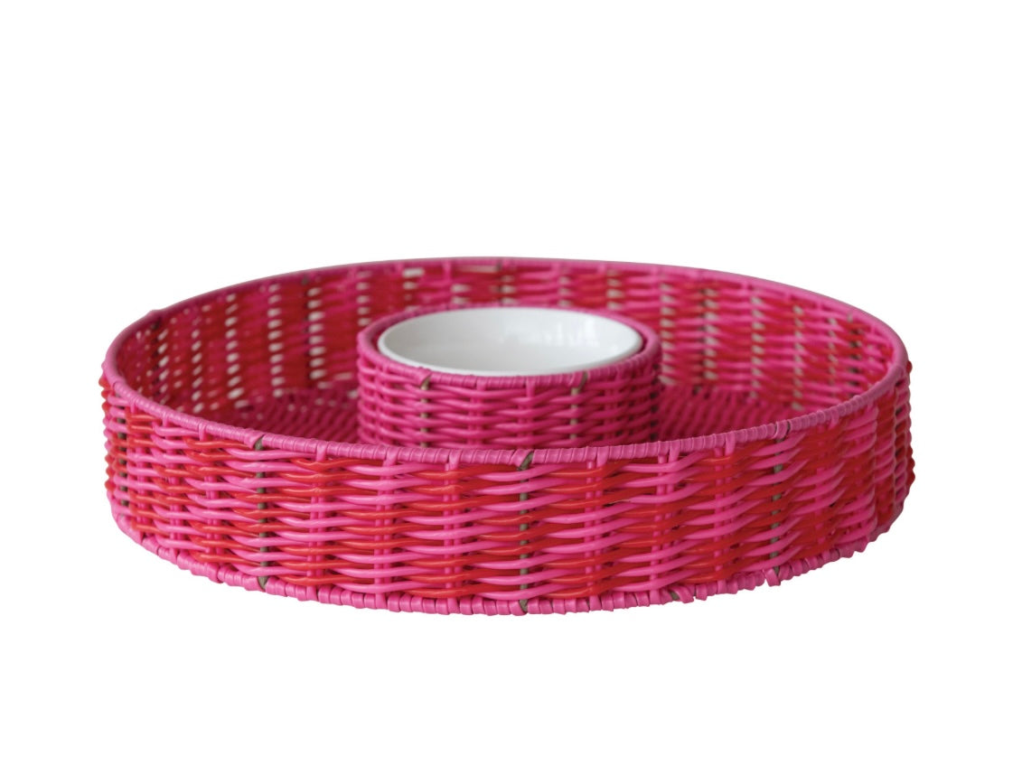 Woven Plastic Chip & Dip Basket w 18oz Removable White Bowl