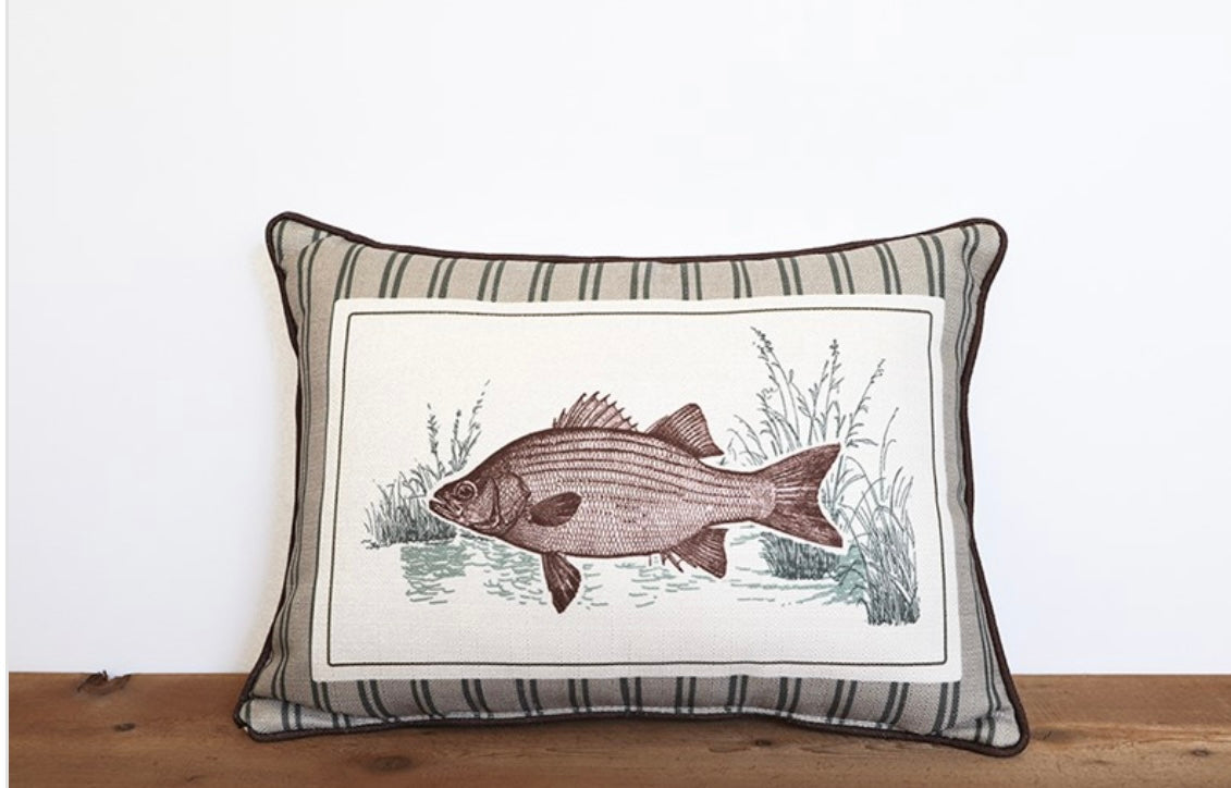 Little Birdie Green and Brown Bass Stripe Pillow + Piping Acorn