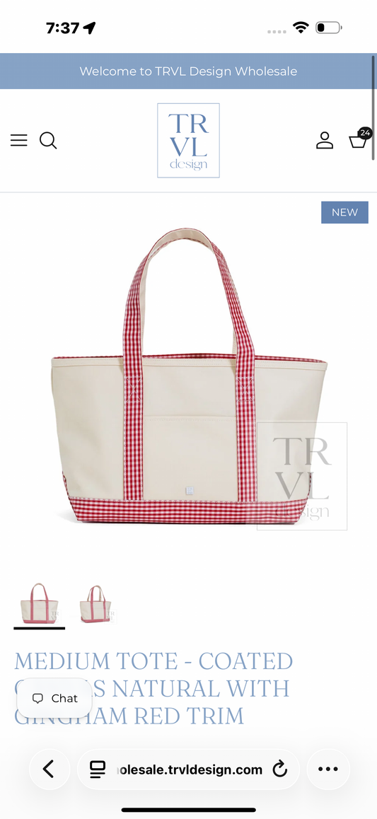 TRVL Design Mini Tote - Coated Canvas Natural w Gingham Red Trim