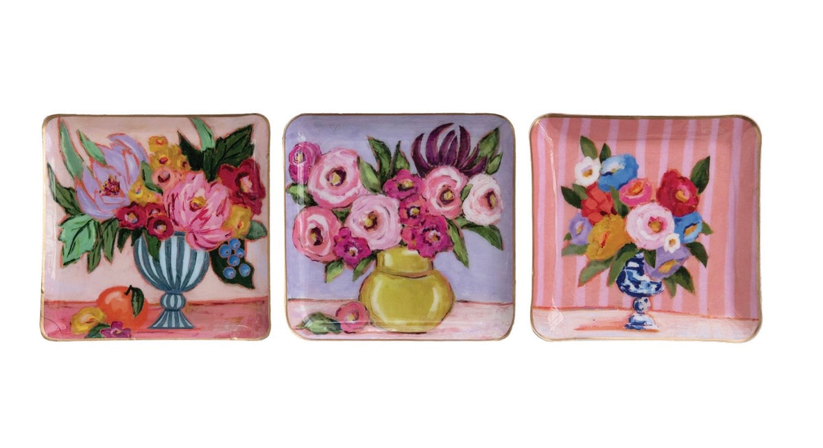 Enameled Metal Tray w Flowers in Vase & Gold Edges