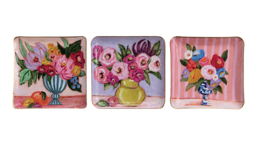 Enameled Metal Tray w Flowers in Vase & Gold Edges