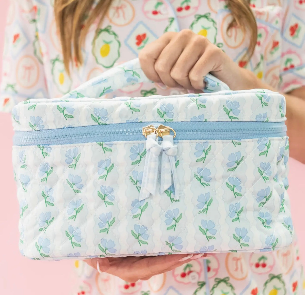 Quilted Cosmetic Bag with Top Handle - Blue Belle Floral