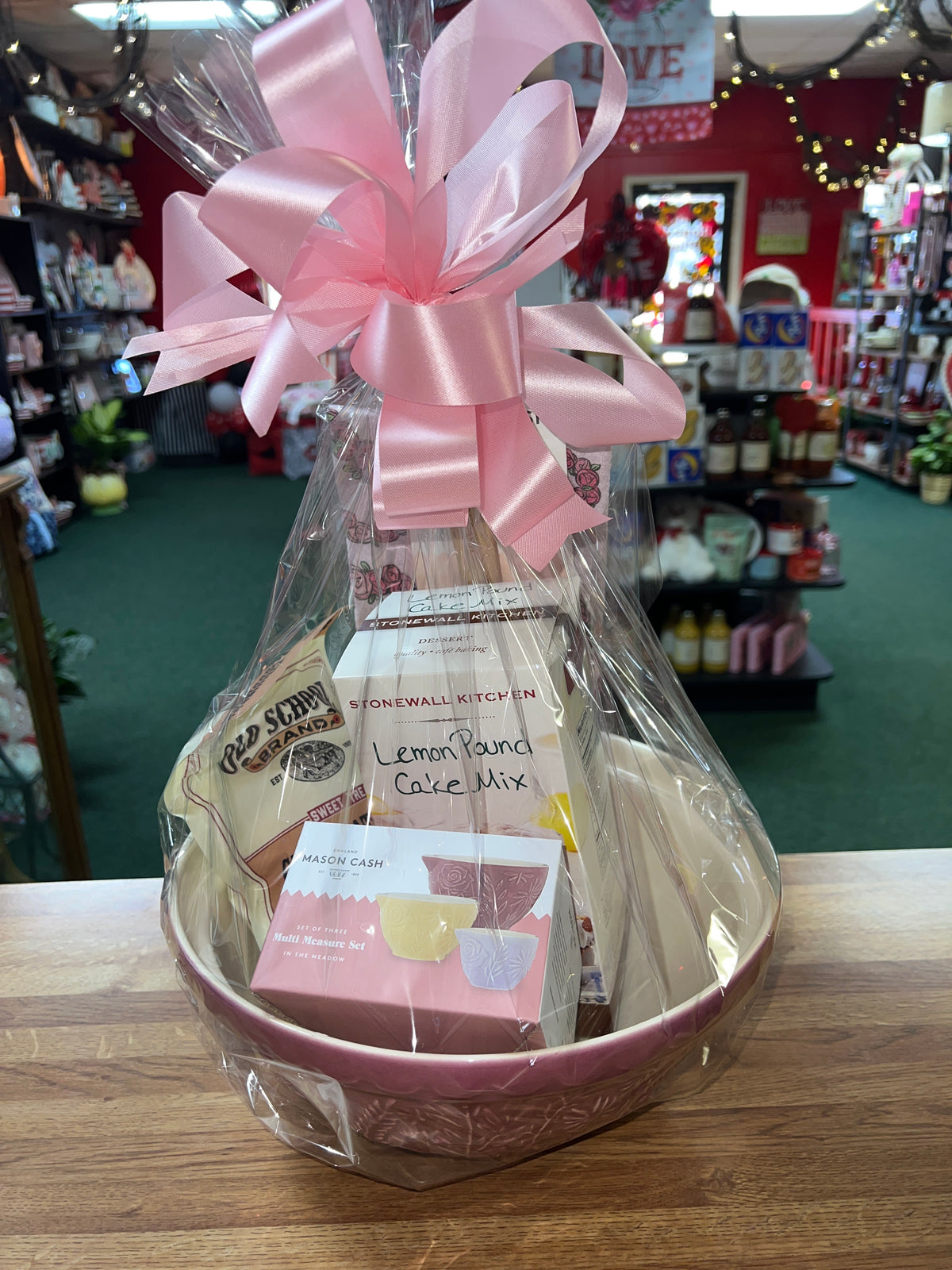 Gift Pack - Mason Cash Bowl, Kitchen Towel, Baker Spoon, Chocolate Chip Cookie Mix, Lemon Pound Cake Mix, Multi Measure Set