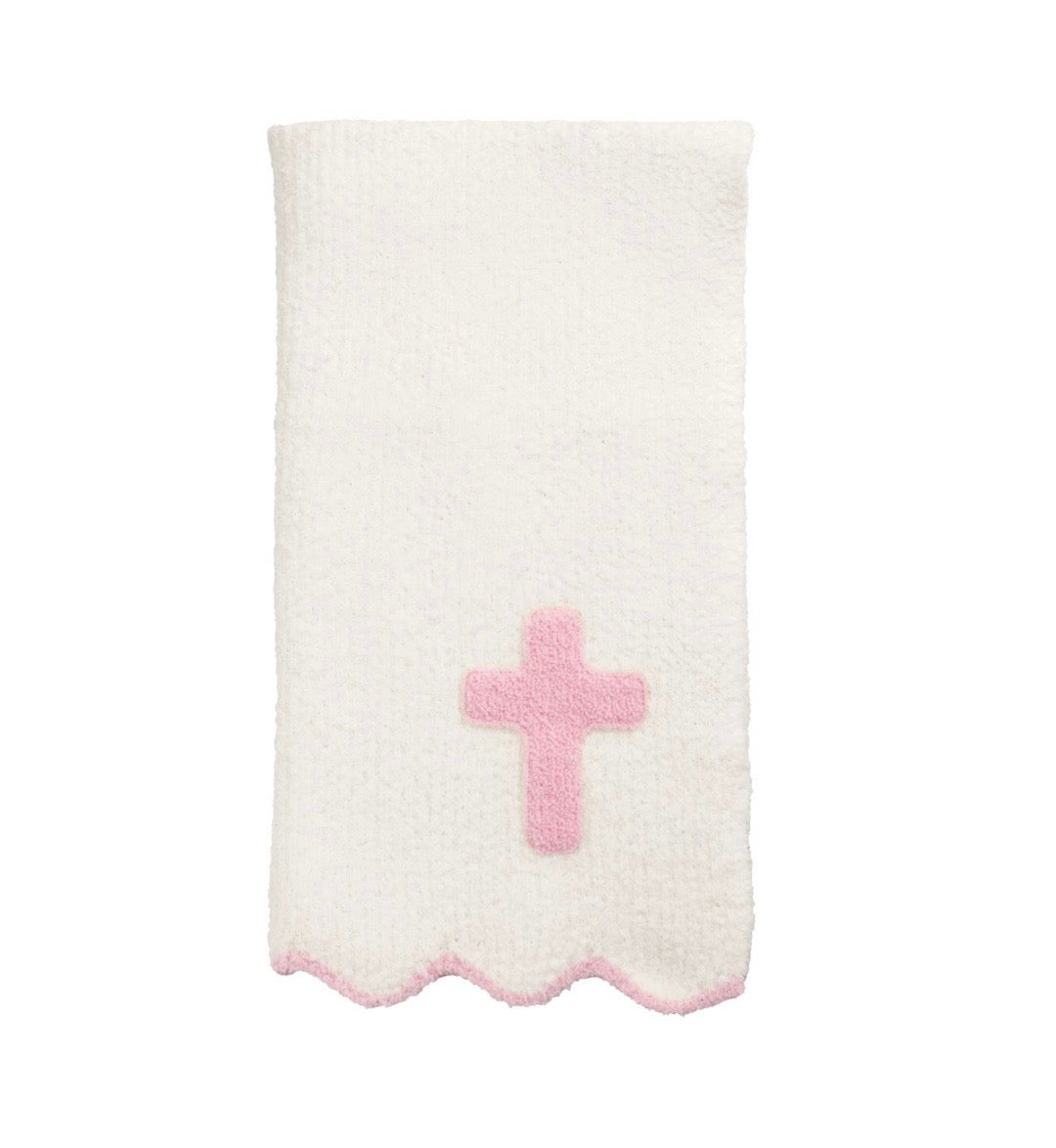 Mud Pie Pink Chenille Cross Blanket