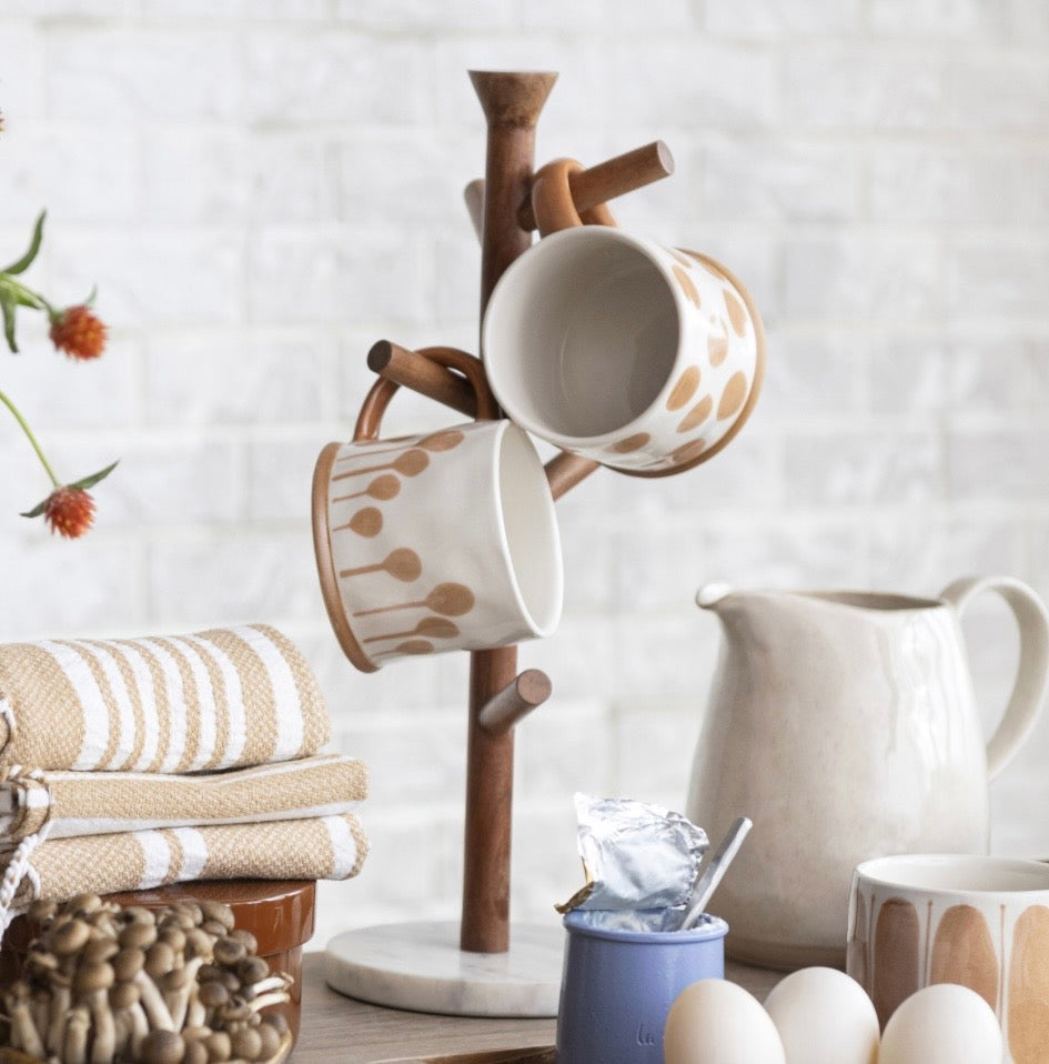 Mango Wood & Marble Mug Rack, Natural & White