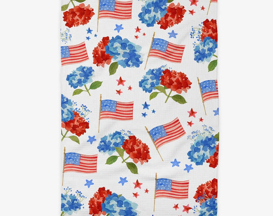 4th of July Hydrangea Red White Blue Flag Kitchen Towel