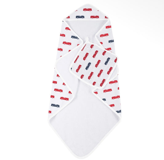 New Castle Classics Blue and Red Fire Trucks Hooded Towel and Washcloth Set