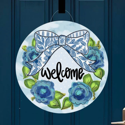 Baxter & Me Blue Willow Bow Welcome Door Hanger
