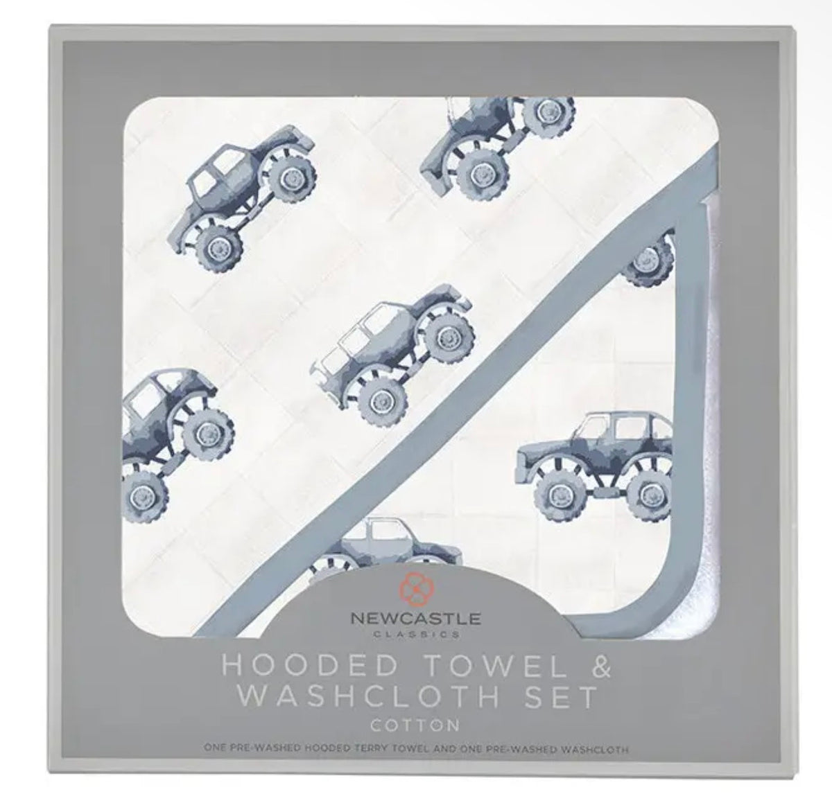 New Castle Classics Indigo Monster Trucks Cotton Hooded Towel and Washcloth Set