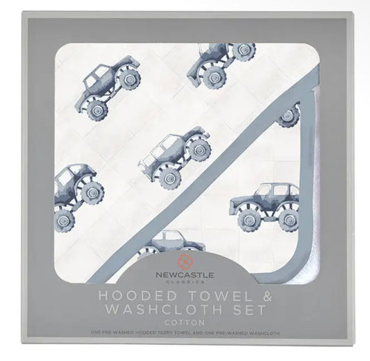New Castle Classics Indigo Monster Trucks Cotton Hooded Towel and Washcloth Set