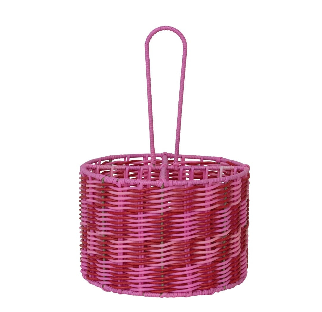 Woven Plastic Caddy w Handle 4 Sections, Red & Pink
