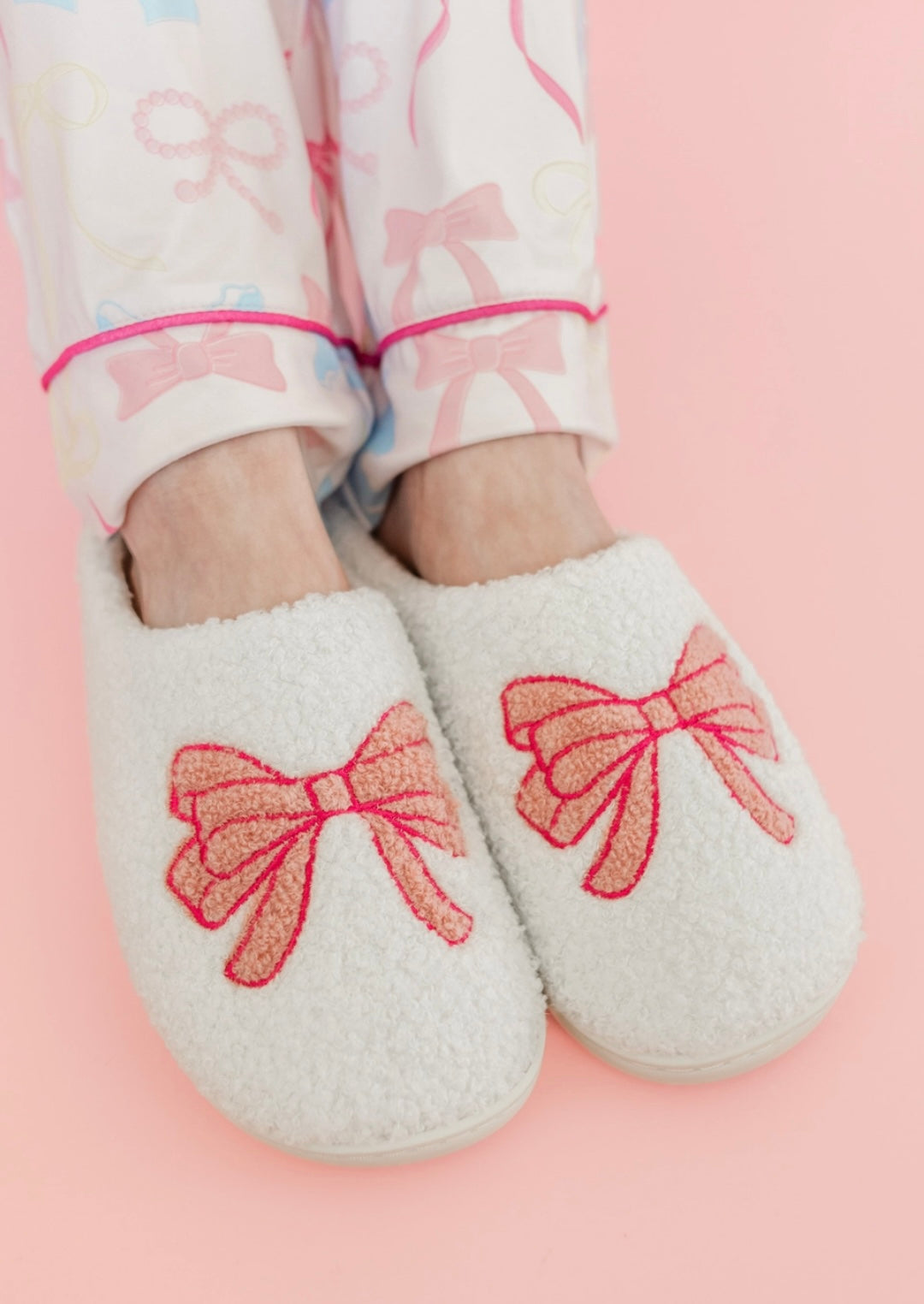 Fuzzy Plush Slippers with Pink Bow - Medium