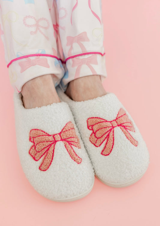 Fuzzy Plush Slippers with Pink Bow - Medium