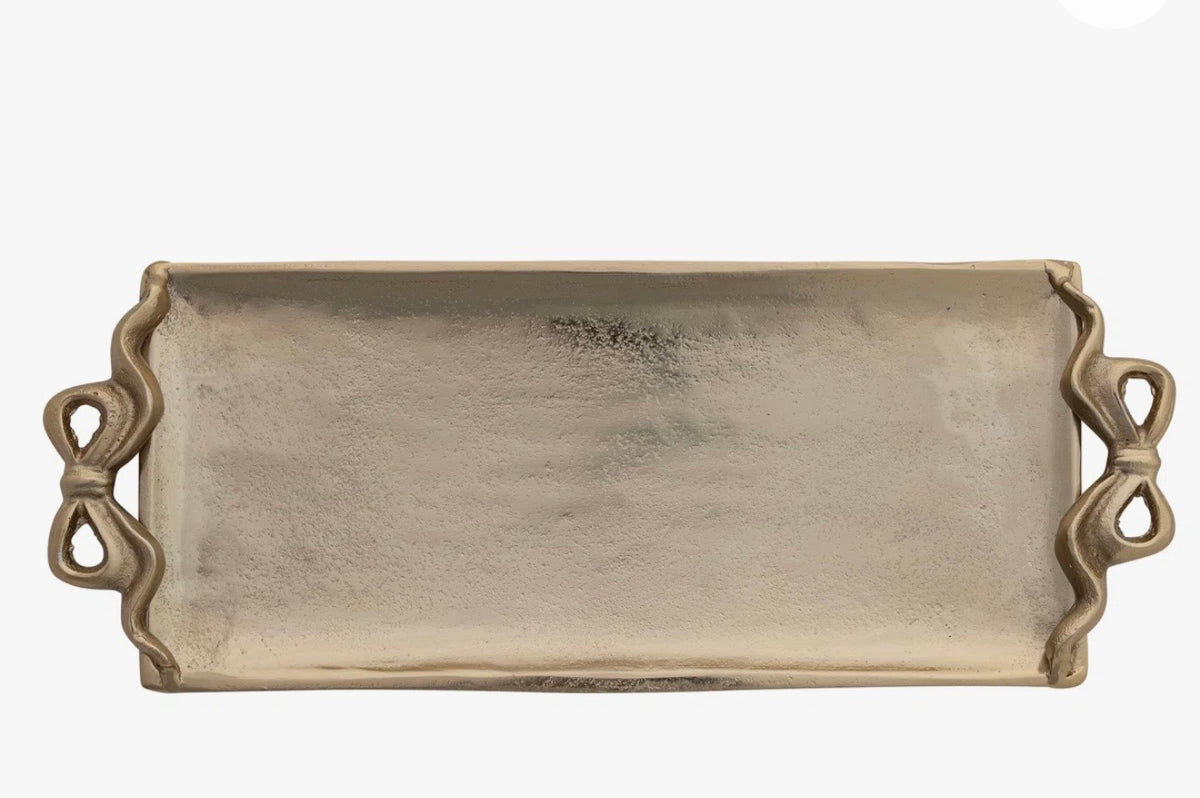 Cast Aluminum Footed Tray w Bow Shaped Handles, Gold Finish
