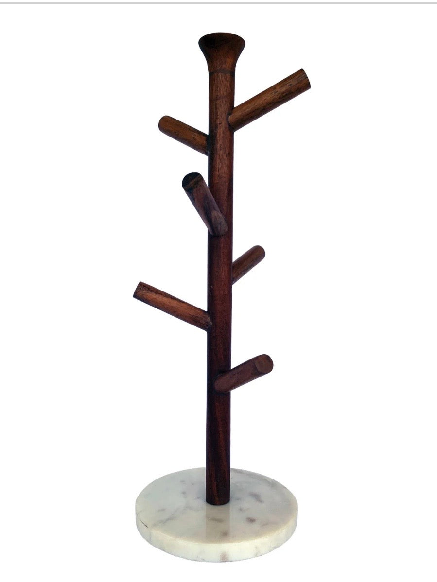 Mango Wood & Marble Mug Rack, Natural & White