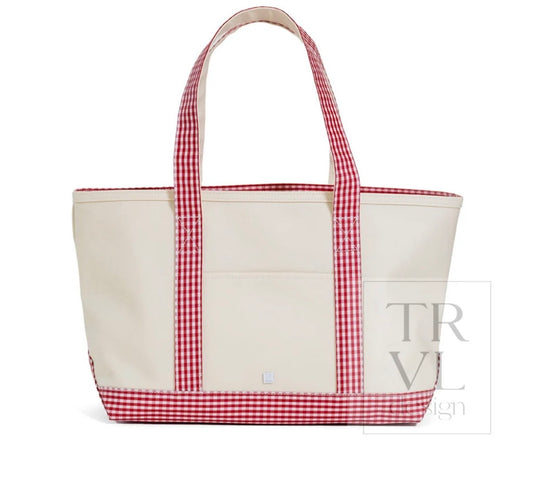 TRVL Design Medium Tote - Coated Canvas Natural w Gingham Red Trim