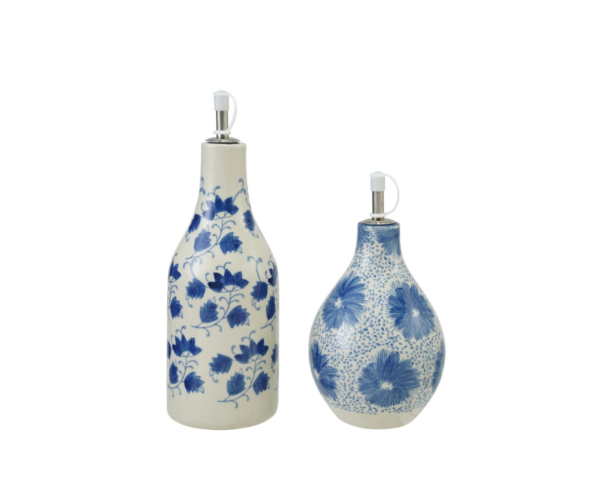 Stoneware Oil Cruet w Floral Pattern, Stainless Steel Spout