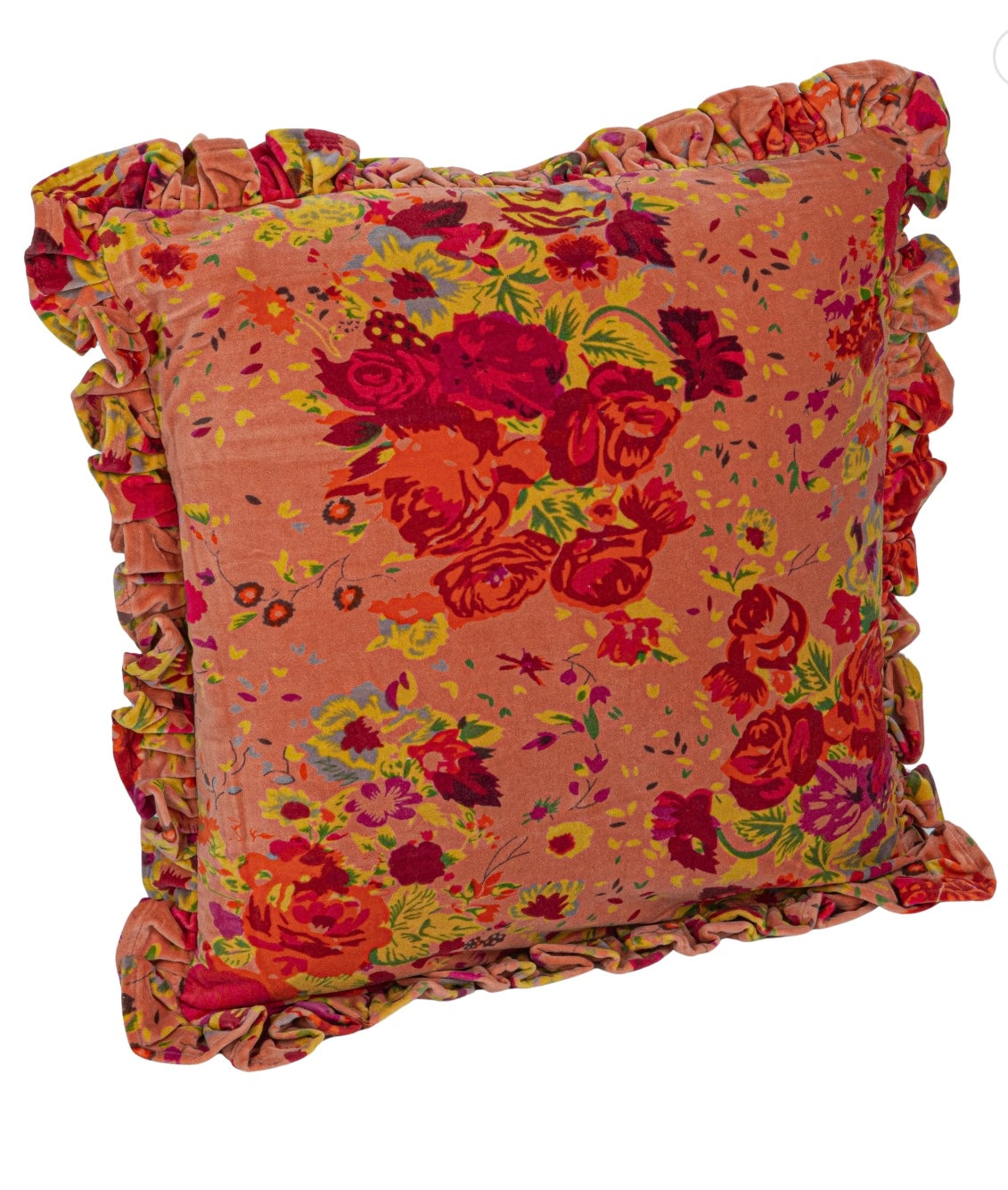 20” Square Cotton Velvet Printed Pillow w Floral Pattern