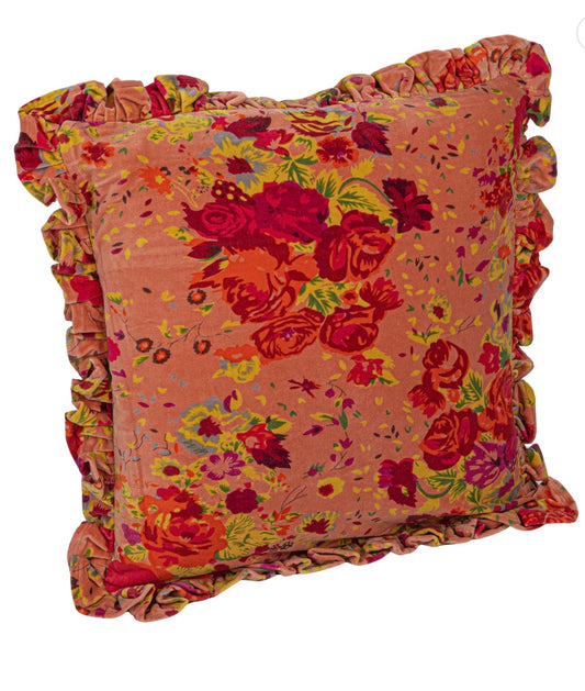 20” Square Cotton Velvet Printed Pillow w Floral Pattern