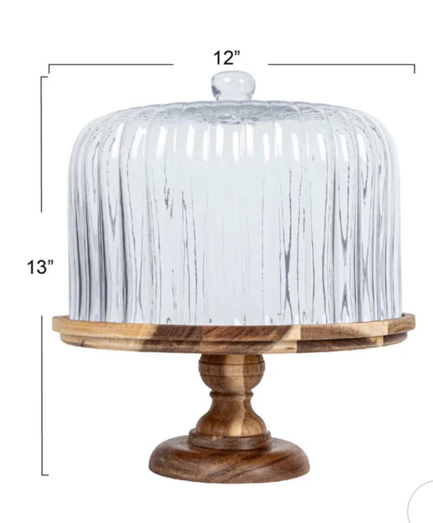 Glass Cake Stand w Wood Base