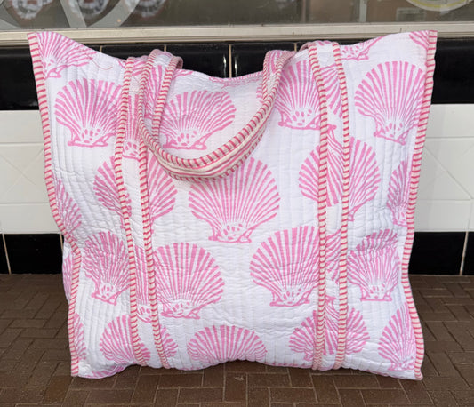 Quilted Block Print - Summer Collection Tote Bag - Pink Shells