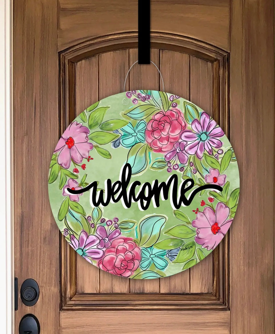 Welcome Pretty Pink & Purple Floral Door Hanger
