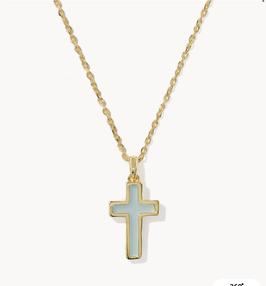 Kendra Scott Cross Pendant Necklace Gold Matte Light Blue Dichroic Glass
