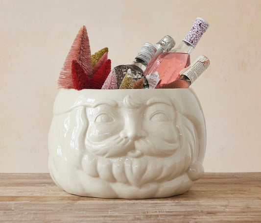 14”L x 8.5”H Stoneware Santa Planter Ice Bucket, White