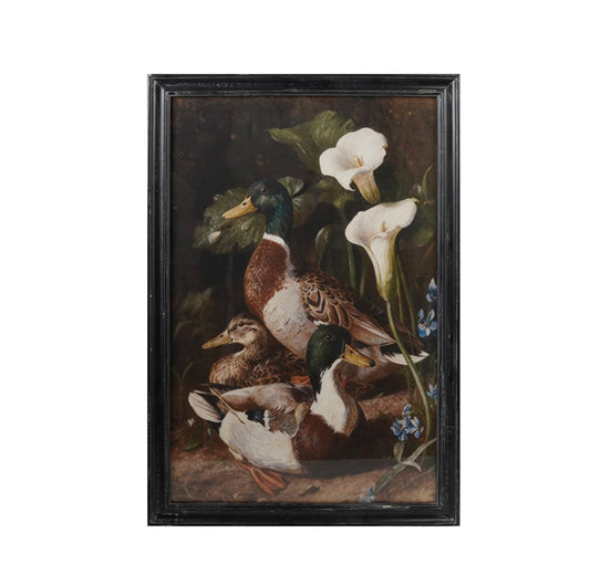Wood Framed Glass Wall Decor w Vintage Reproduction Mallards