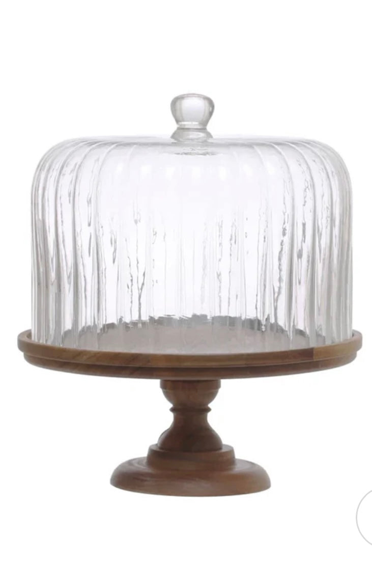 Glass Cake Stand w Wood Base