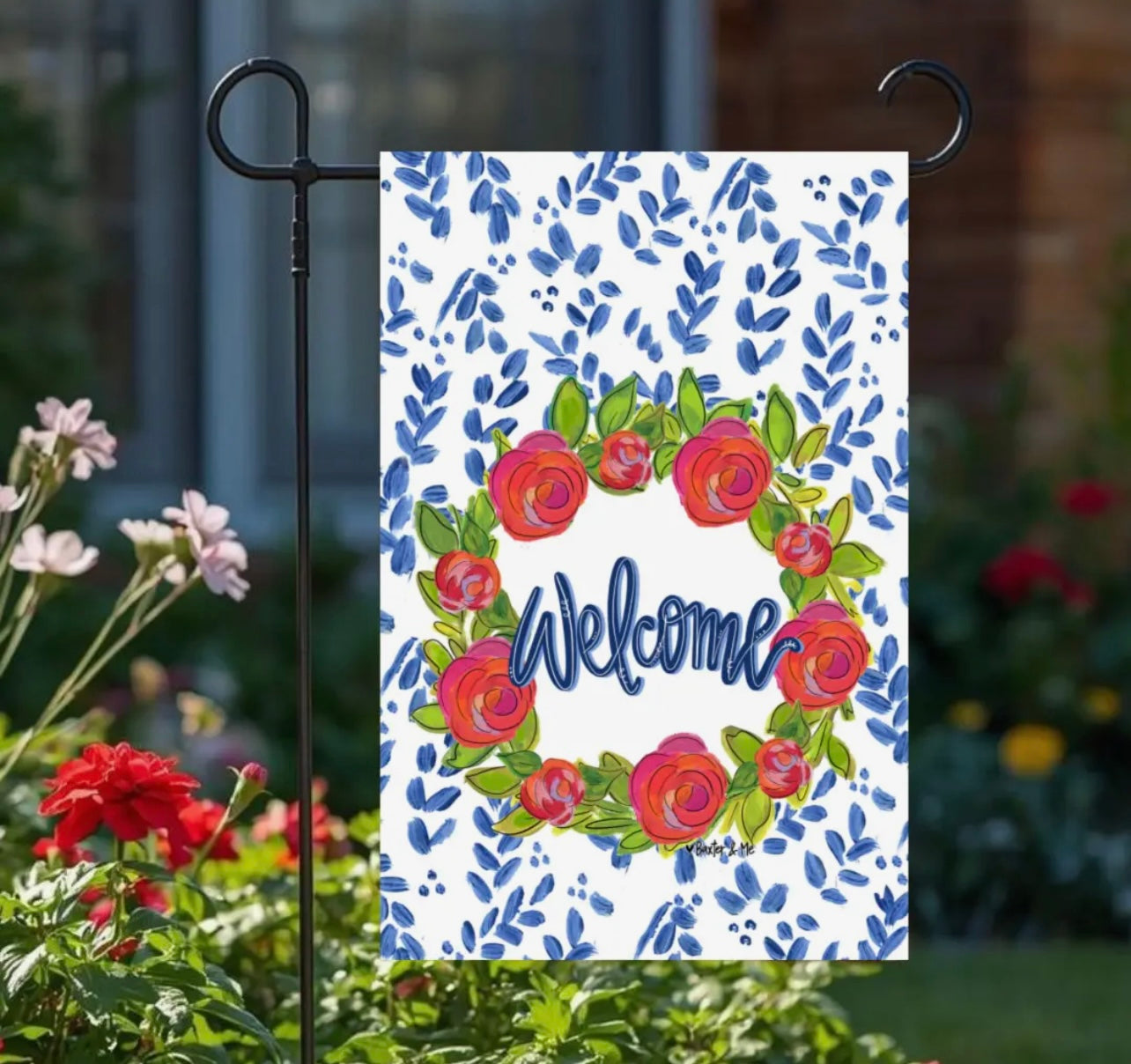 Baxter & Me Rosie Welcome in Blue Garden Flag