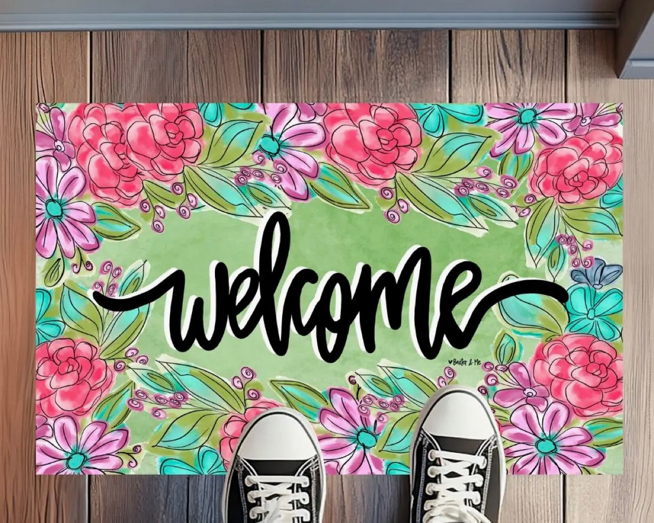 Pretty Pink and Purple Floral Welcome Rug Floormat