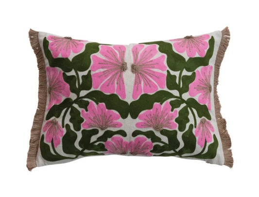 Cotton & Linen Lumbar Pillow with Embroidered Flowers & Jute