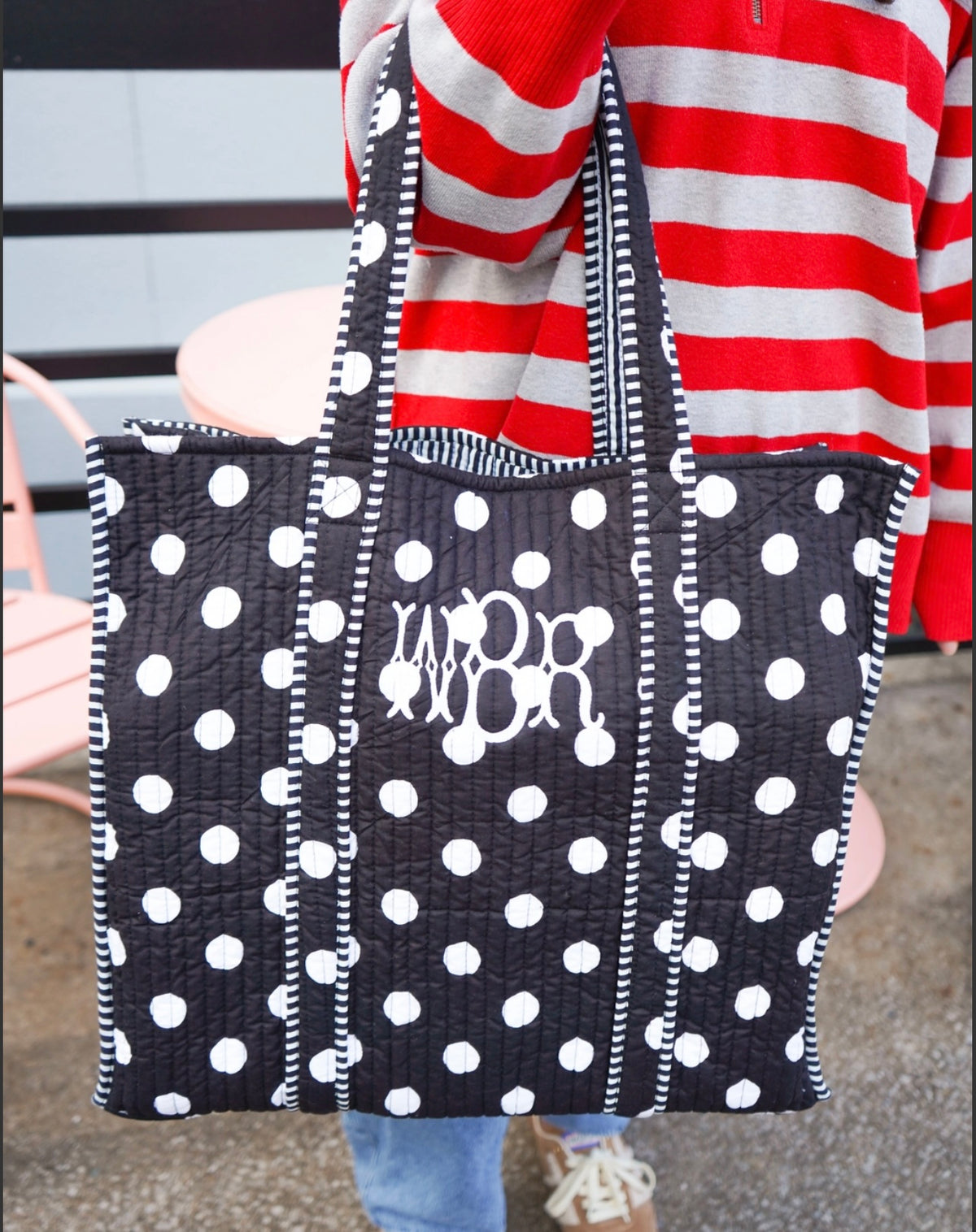 Quilted Block Print Tote - Black Polka Dot