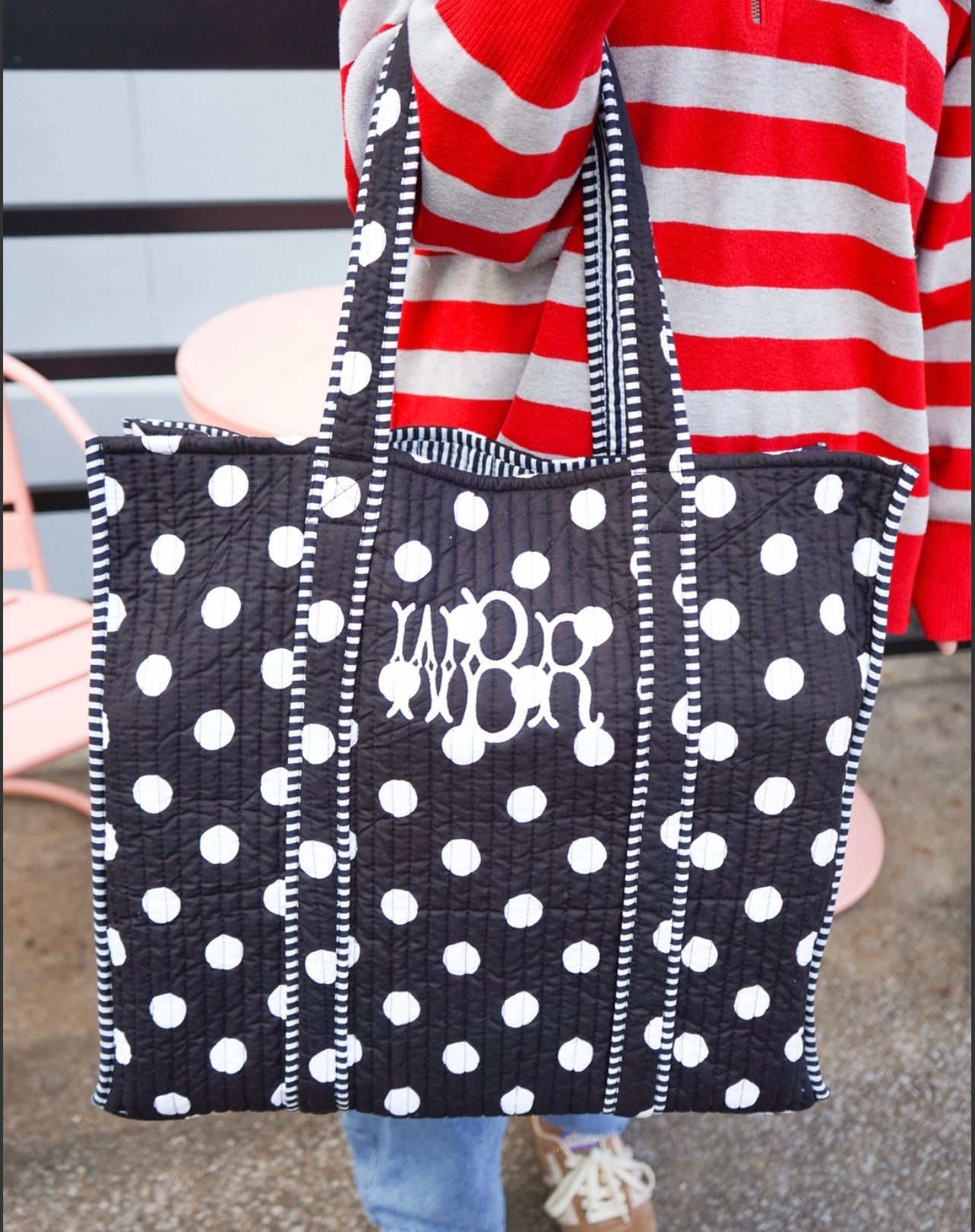 Quilted Block Print Tote - Black Polka Dot